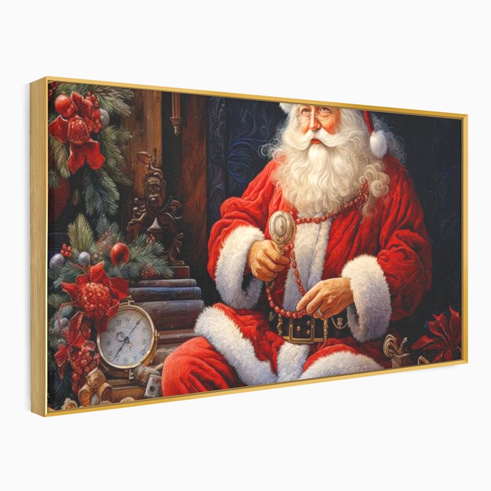Tablou canvas cu mos craciun cu haina rosie, in rama de aluminiu auriu